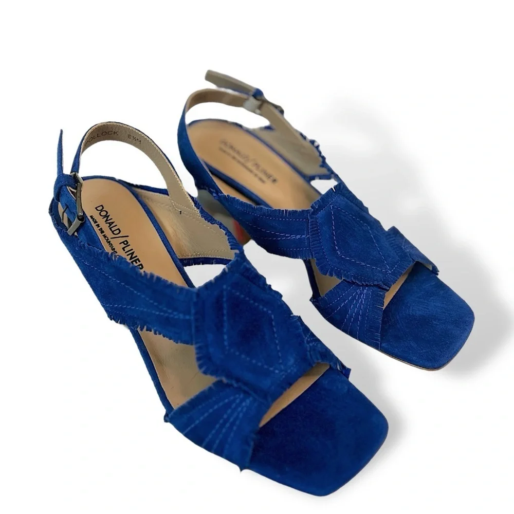 DONALD J PLINER ✘ Blue Suede Slingback Sandal Colorblock Stacked Heel Italy 8.5M